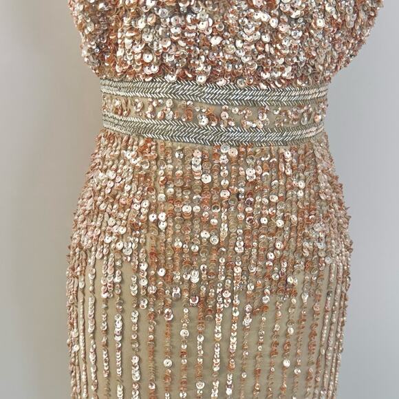 Mac Duggal Sequin Sleeveless Sheath Midi Cocktail Dress in Beige Rose Gold 8 - Picture 7 of 14